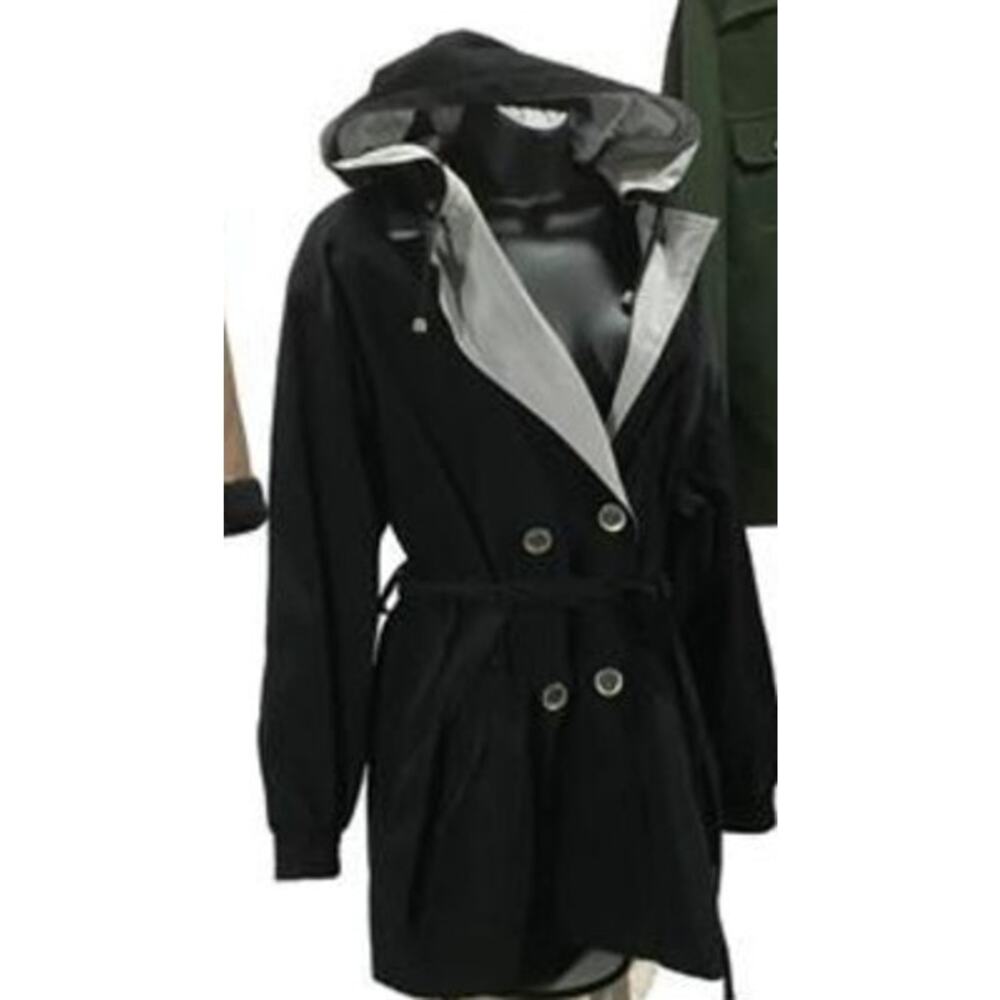 VTG Outbrook Black Trench Coat Women M Button Front Rain Jacket